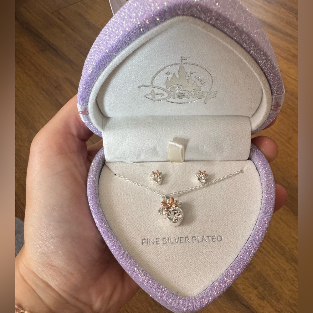 Disney Parks Valentines Day Fine Silver and Rose Gold Necklace Set